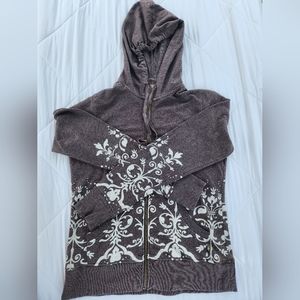 Prana size medium women's zip up hoodie brown with cream paisley design